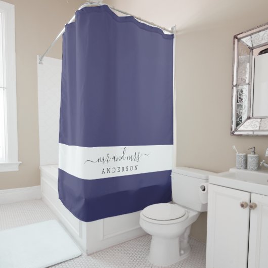 Chic Pas getrouwd de heer Mrs Navy Blue Monogram Douchegordijn (In situ)