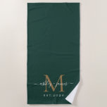 Chic Pas getrouwd Gold Monogram script donkergroen Strandlaken<br><div class="desc">Een donkergroene zwarte handdoek met uw gouden monogram, een jaartal en namen in elegante handgeschreven scriptkalligrafie en moderne, stijlvolle typografie. Perfect geschenk voor het pas gehuwde paar. Exclusief voor u ontworpen door Happy Dolphin Studio. Als u hulp of passende producten nodig hebt, kunt u contact met ons opnemen via onze...</div>