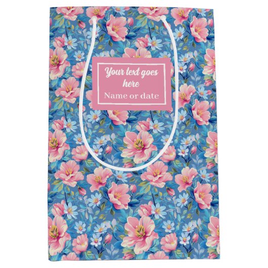 Chic pastel blauw en blush roze preppy floral medium cadeauzakje (Voorkant)