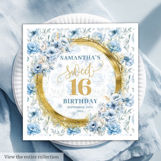 Chic Pastel Blauw Sweet 16 servet met Gouden Spark