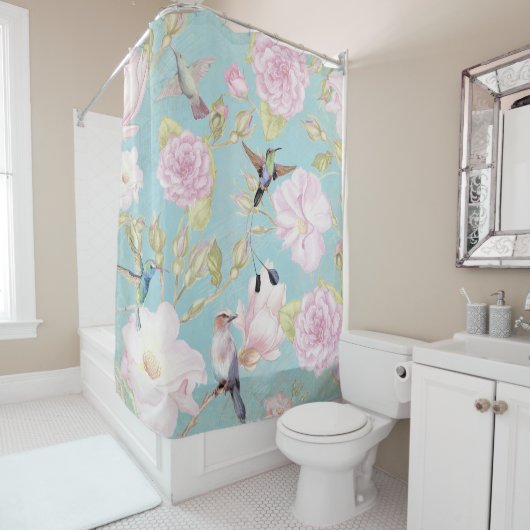Chic Pastel Blauwgroen  Rozen Hummingbird Patroon Douchegordijn (In situ)