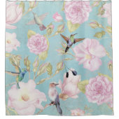 Chic Pastel Blauwgroen  Rozen Hummingbird Patroon Douchegordijn (Voorkant)