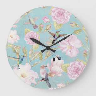 Chic Pastel Blauwgroen  Rozen Hummingbird Patroon Grote Klok
