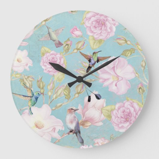 Chic Pastel Blauwgroen  Rozen Hummingbird Patroon Grote Klok (Voorkant)