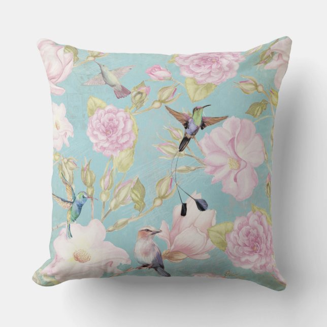 Chic Pastel Blauwgroen  Rozen Hummingbird Patroon Kussen (Voorkant)