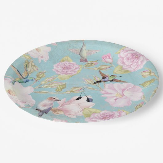 Chic Pastel Blauwgroen Rozen Hummingbird Patroon Papieren Bordje (Gekanteld)