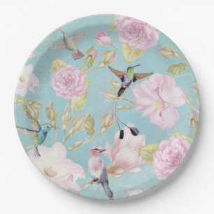 Chic Pastel Blauwgroen  Rozen Hummingbird Patroon Papieren Bordje