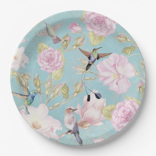 Chic Pastel Blauwgroen Rozen Hummingbird Patroon Papieren Bordje (Voorkant)
