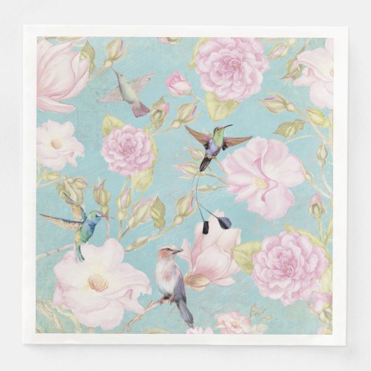 Chic Pastel Blauwgroen  Rozen Hummingbird Patroon Servetten (Voorkant)