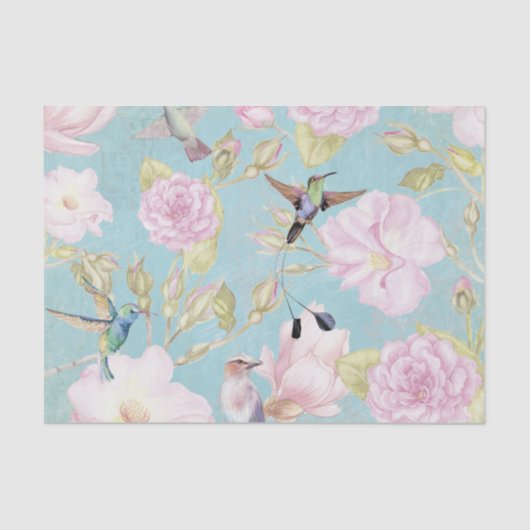 Chic Pastel Blauwgroen  Rozen Hummingbird Patroon Tissuepapier (Voorkant)