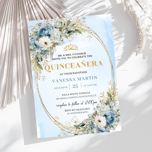 Chic Pastel Blue Gold Eucalyptus Quince Invitation Kaart