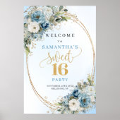Chic Pastel Blue Greenery Sweet 16 Welcome Poster (Voorkant)
