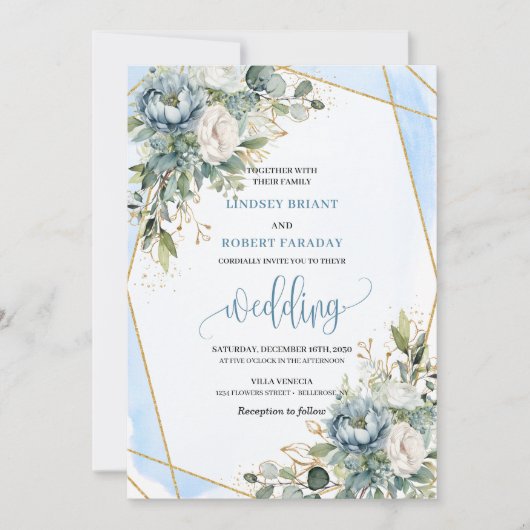 Chic Pastel Blue Sage Gold Floral Wedding Invites Kaart (Voorkant)