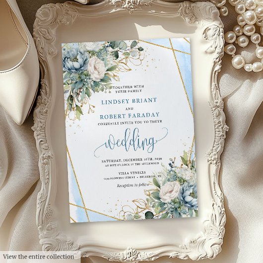 Chic Pastel Blue Sage Gold Floral Wedding Invites Kaart
