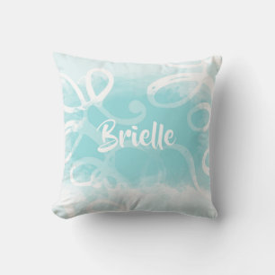 Chic Pastel Blue Waterverf Swirls met naam Kussen