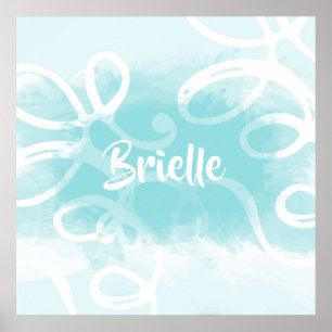 Chic Pastel Blue Waterverf Swirls met naam Poster