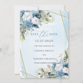 Chic Pastel Blue White Gold Floral Save The Date Kaart (Voorkant)