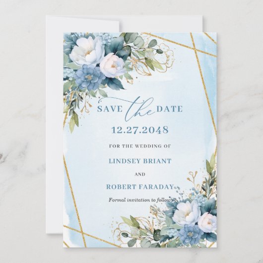 Chic Pastel Blue White Gold Floral Save The Date Kaart (Voorkant)