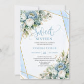 Chic Pastel Blue White Gold Flowers Sweet 16  Kaart (Voorkant)