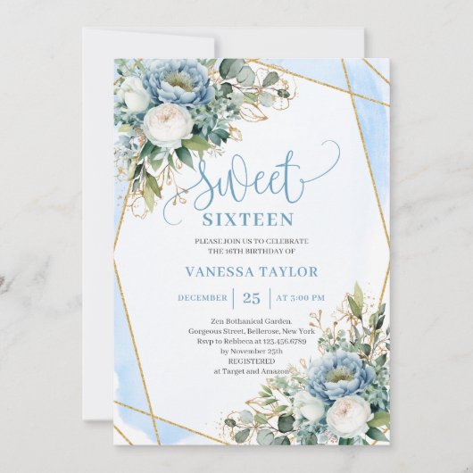Chic Pastel Blue White Gold Flowers Sweet 16  Kaart (Voorkant)