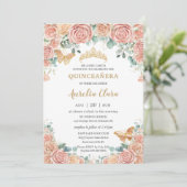 Chic Pastel Blush Peach Floral Rozen Quinceanera Kaart (Staand voorkant)