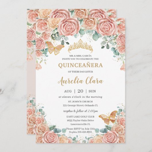 Chic Pastel Blush Peach Floral Rozen Quinceanera Kaart (Voorkant / Achterkant)