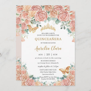 Chic Pastel Blush Peach Floral Rozen Quinceanera Kaart