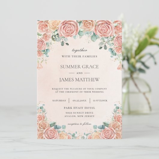 Chic Pastel Blush Peach Floral Rozen Wedding Invi Kaart (Staand voorkant)