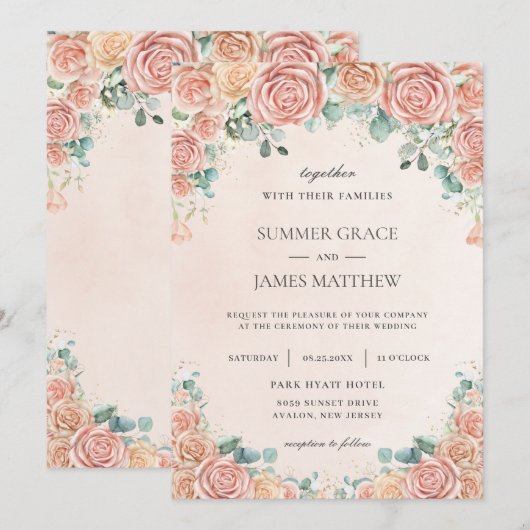 Chic Pastel Blush Peach Floral Rozen Wedding Invi Kaart (Voorkant / Achterkant)