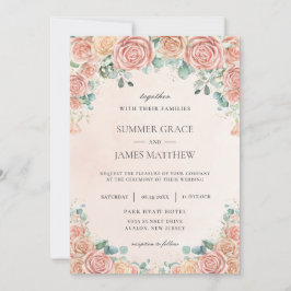 Chic Pastel Blush Peach Floral Rozen Wedding Invi Kaart
