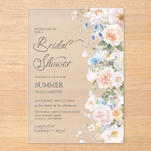 Chic Pastel Blush Wit Blauw Bloemen Vrijgezellenfe Acryl Uitnodigingen (Voorkant)