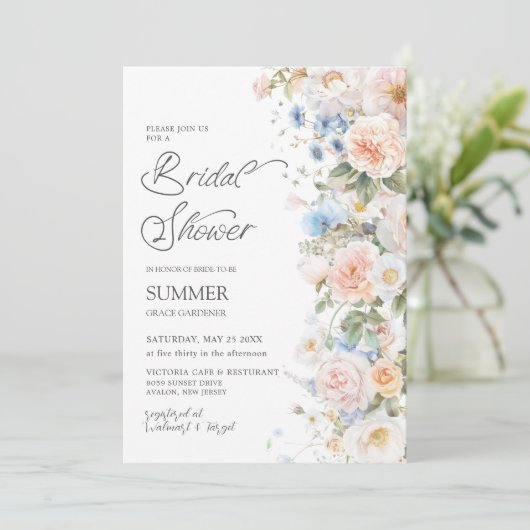 Chic Pastel Blush Wit Blauw Bloemen Vrijgezellenfe Kaart (Staand voorkant)