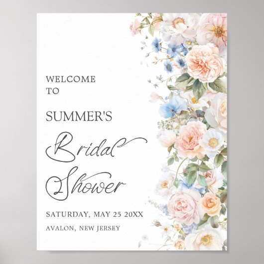 Chic Pastel Blush Wit Blauw Bloemen Vrijgezellenfe Poster (Voorkant)