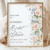 Chic Pastel Blush Wit Blauw Bloemen Vrijgezellenfe Poster