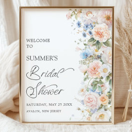 Chic Pastel Blush Wit Blauw Bloemen Vrijgezellenfe Poster