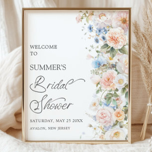 Chic Pastel Blush Wit Blauw Bloemen Vrijgezellenfe Poster