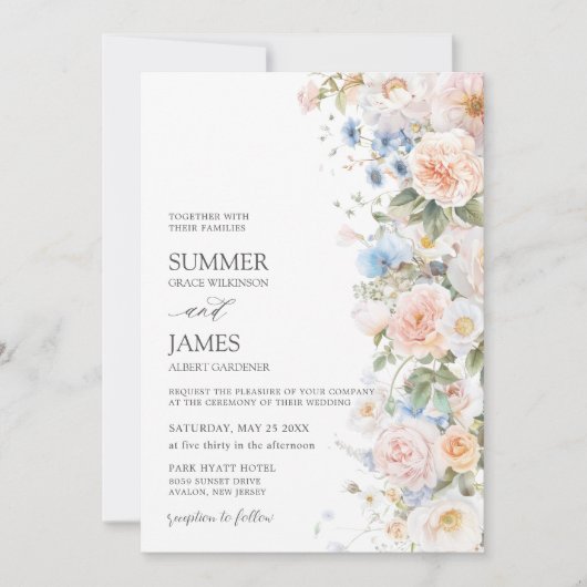 Chic Pastel Blush Wit Blauw Rozen Floral Wedding Kaart (Voorkant)