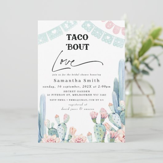 Chic Pastel Cactus Taco Bout Love Vrijgezellenfees Kaart (Staand voorkant)
