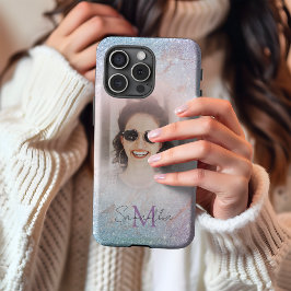 Chic pastel glitter monogram & foto iPhone 16 pro max hoesje