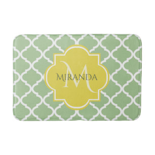 Chic Pastel Green Quatrefoil Yellow Name Monogram Badmat