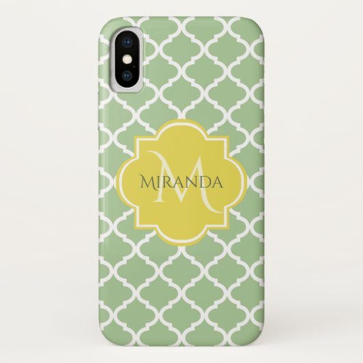 Chic Pastel Green Quatrefoil Yellow Name Monogram Case-Mate iPhone Case (Achterkant)