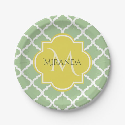 Chic Pastel Green Quatrefoil Yellow Name Monogram Papieren Bordje (Voorkant)