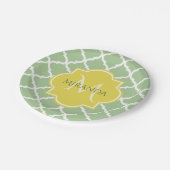 Chic Pastel Green Quatrefoil Yellow Name Monogram Papieren Bordje (Gekanteld)