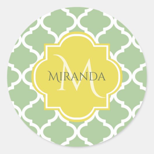 Chic Pastel Green Quatrefoil Yellow Name Monogram Ronde Sticker (Voorkant)