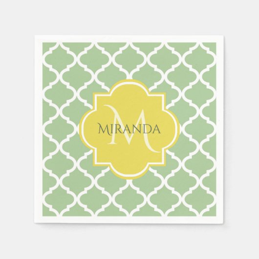 Chic Pastel Green Quatrefoil Yellow Name Monogram Servet (Voorkant)