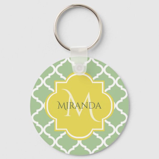 Chic Pastel Green Quatrefoil Yellow Name Monogram Sleutelhanger (Voorkant)