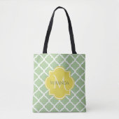 Chic Pastel Green Quatrefoil Yellow Name Monogram Tote Bag (Voorkant)