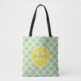 Chic Pastel Green Quatrefoil Yellow Name Monogram Tote Bag