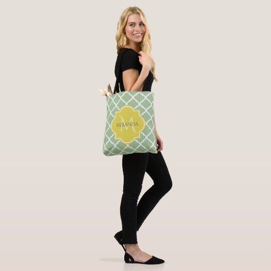 Chic Pastel Green Quatrefoil Yellow Name Monogram Tote Bag (Op model)