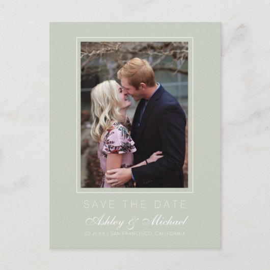 Chic Pastel Green Save the Date Verloving Photo Aankondigingskaart (Voorkant)